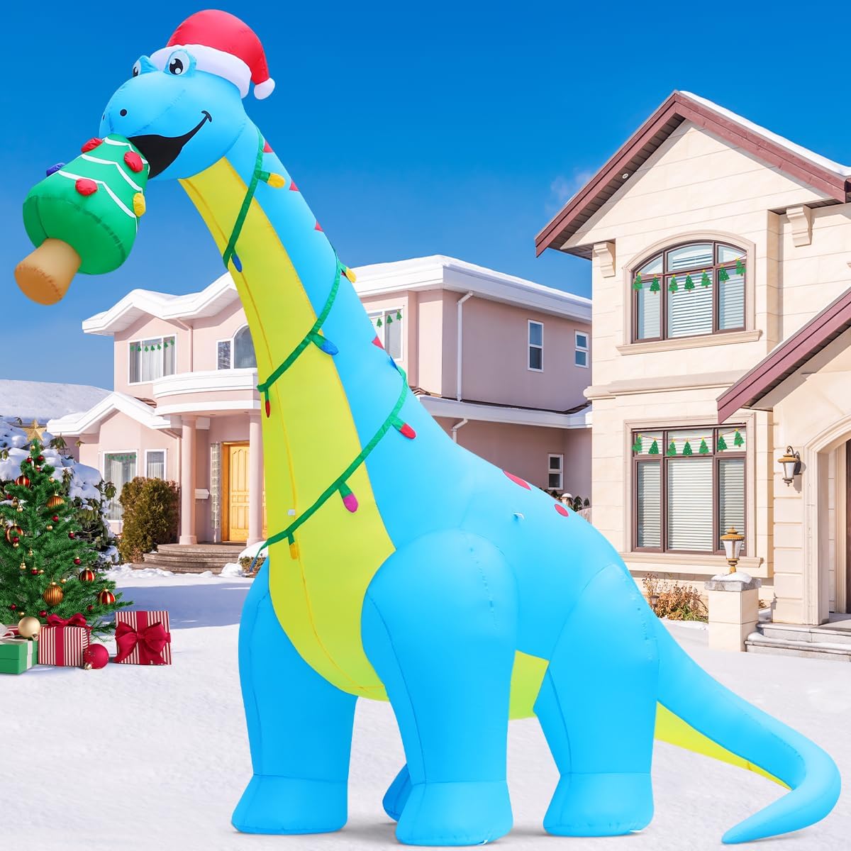 10FT Christmas Inflatables Dinosaur with Christmas Tree Yard Decor | Built-in LEDs and dinosaur with Christmas tree