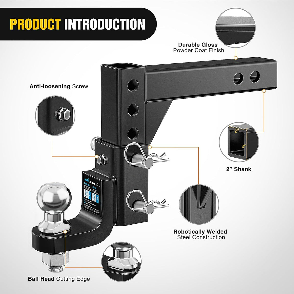 8-Position Adjustable Trailer Hitch Ball Mount with 2 inch Ball Fits 2 Inch Receiver with 5/8" Pin Lock 7500 lbs