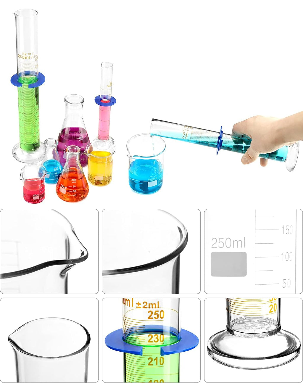 Lab Glassware Set, Beaker Flask Cylinder Set, 9 Pieces - Includes 3 Erlenmeyer Flasks, 3 Beakers, & 3 Grade A