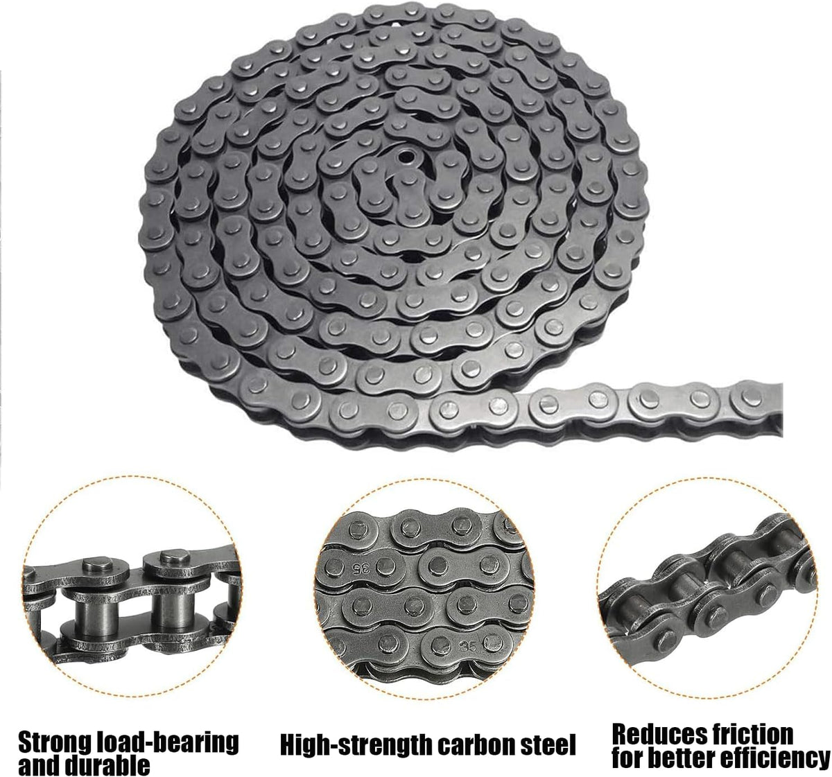 #35 Roller Chain - 4 Feet Carbon Steel Material with 2 Connecting Link Industrial Chain - 128 Links