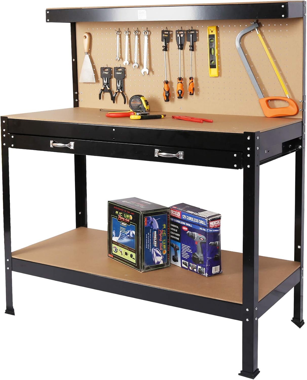 63" Steel Workbench Tool Storage - Heavy-Duty Workshop Table with Drawer, Peg Board - Durable, 300lbs Capacity