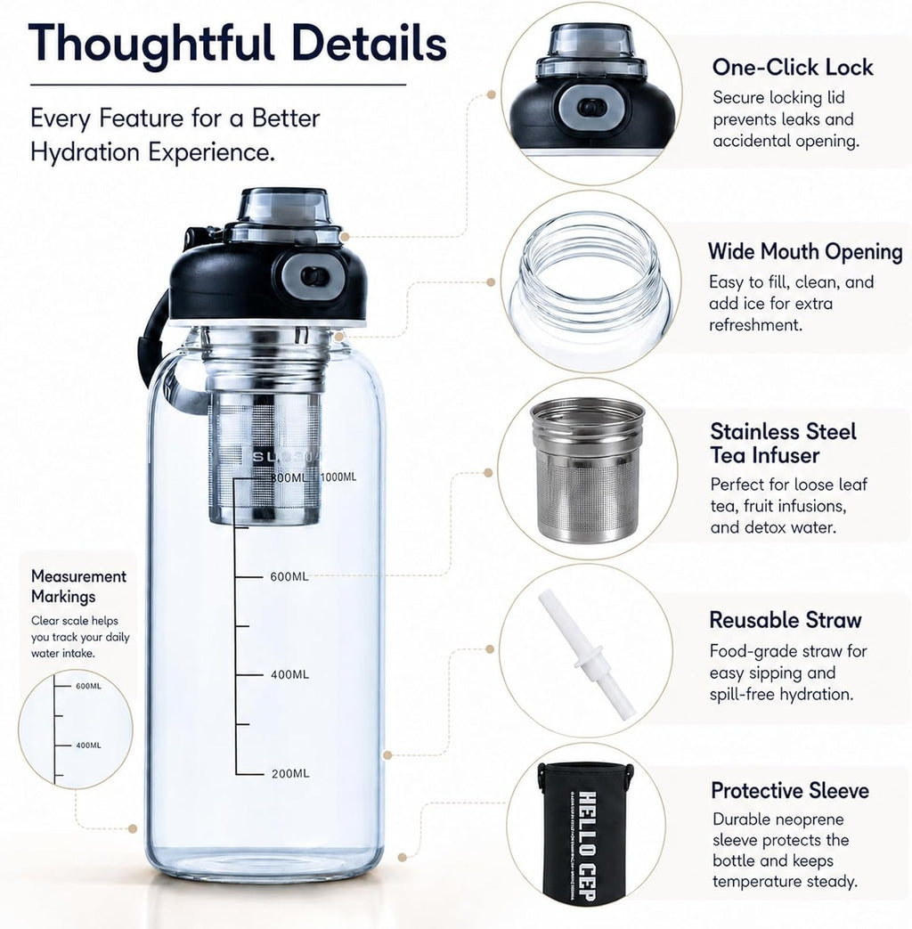 34oz Glass Water Bottle with Straw, Infuser & Protective Sleeve, BPA-Free Large Capacity drinking bottles for Hot or