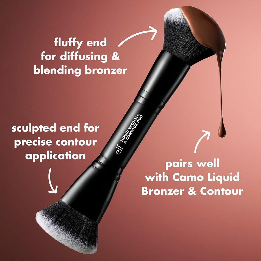 Liquid Bronzer & Contour Duo Brush | Silky Highly Pigmented Formula with Dual-ended Makeup Brush, Synthetic Bristles
