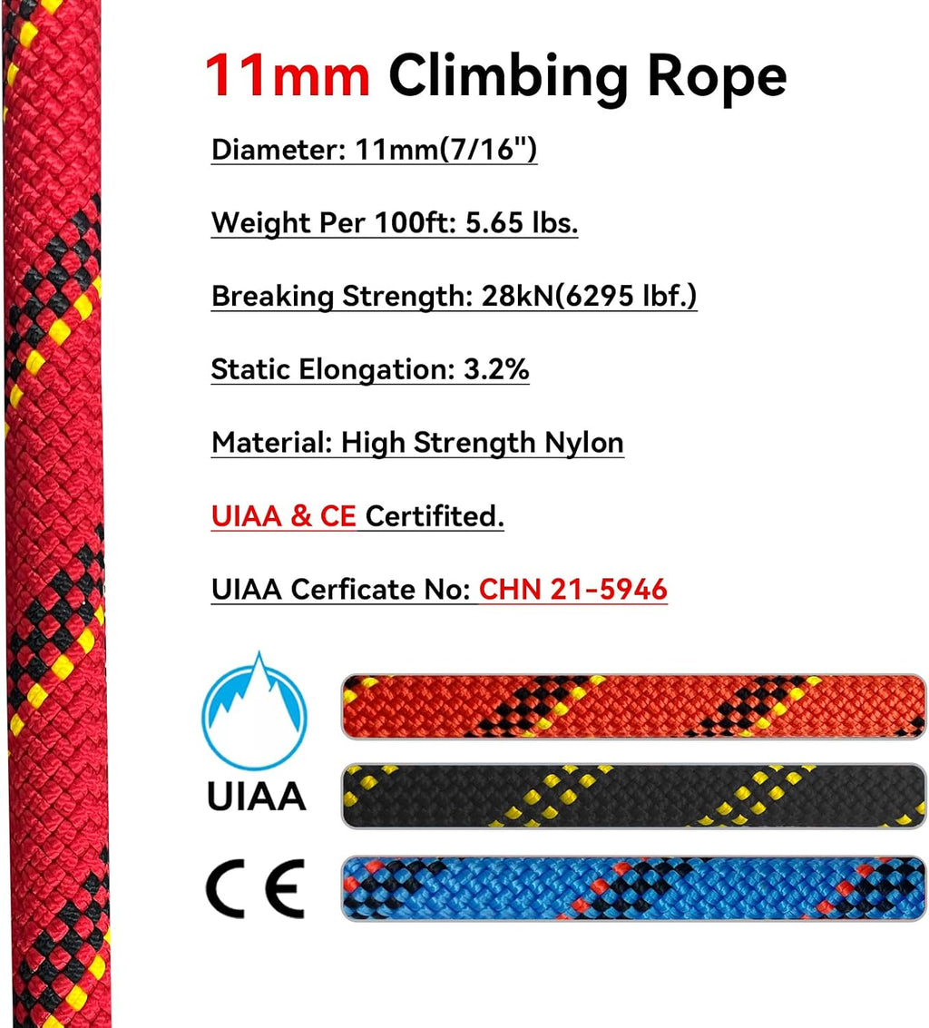 Static Climbing Rope 11mm UIAA Static Line Rappelling Rope 15M (50ft) Nylon Kern Mantle Rope for Escape Rope Rock