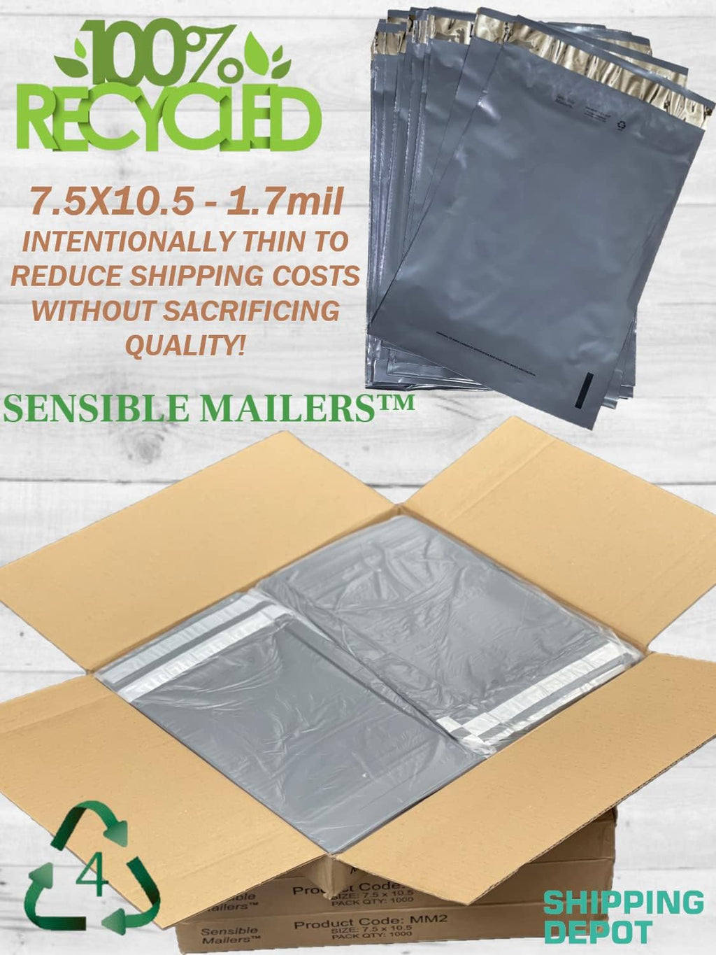 Sensible Mailers – 500 Pack of 7.5x10.5” Fully Recycled Poly Mailers Grey – Shipping Envelopes for Small Business