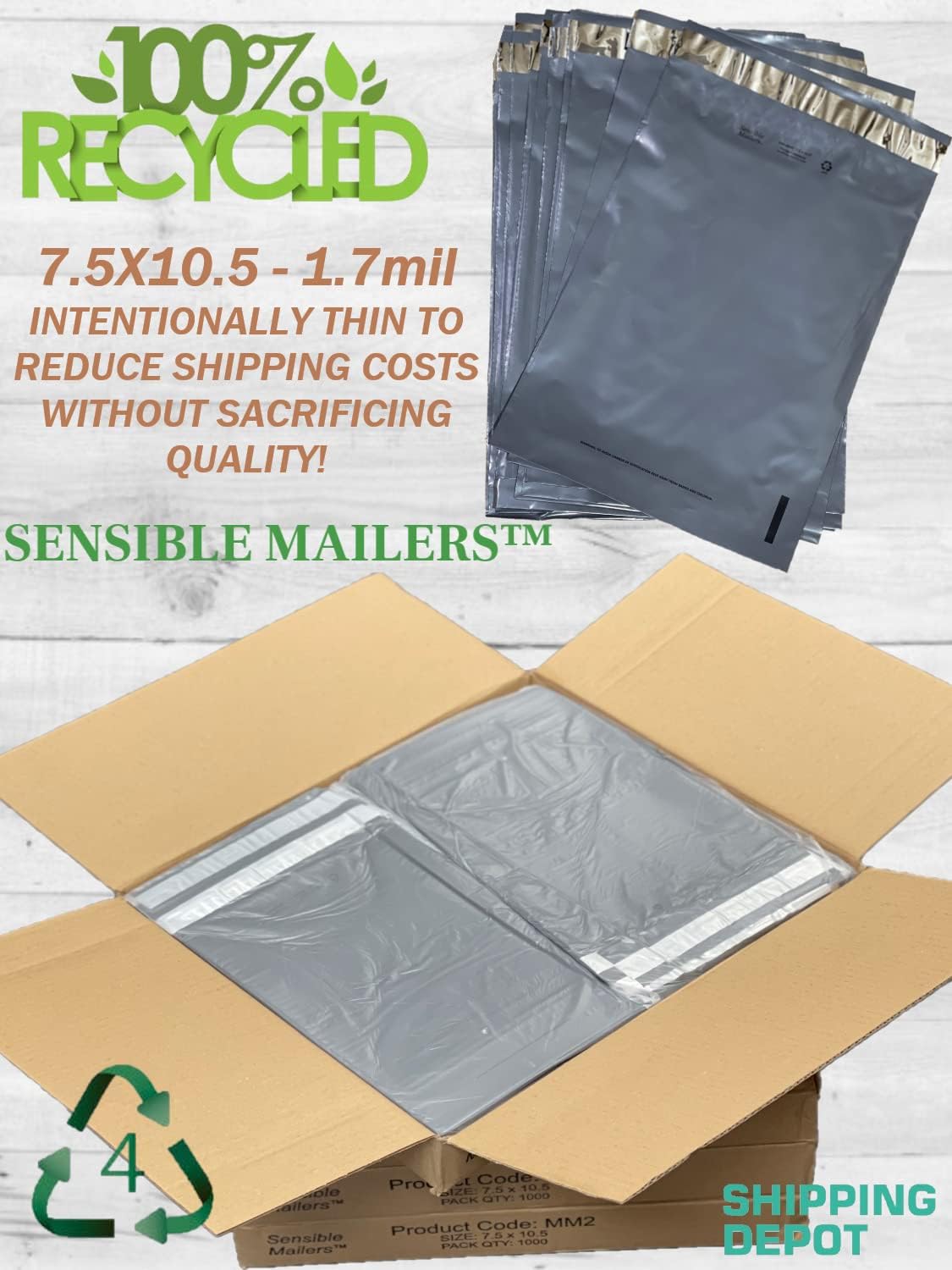 Sensible Mailers – 500 Pack of 7.5x10.5” Fully Recycled Poly Mailers Grey – Shipping Envelopes for Small Business