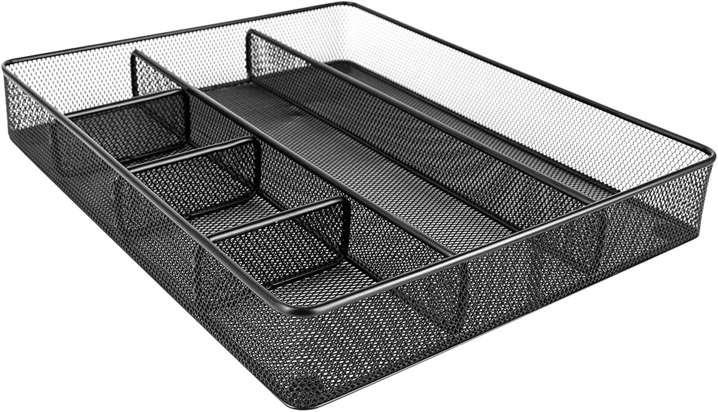 Metal Mesh Desk Organizer with 6 Compartments, Anti-Slip Pen Holder Storage Tray for Office Supplies and Home, Black
