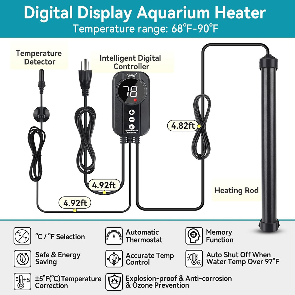 Marine Aquarium Heater 200W,Titanium Heater with Digital LED Controller & Temperature Probe,Submersible Fish Tank