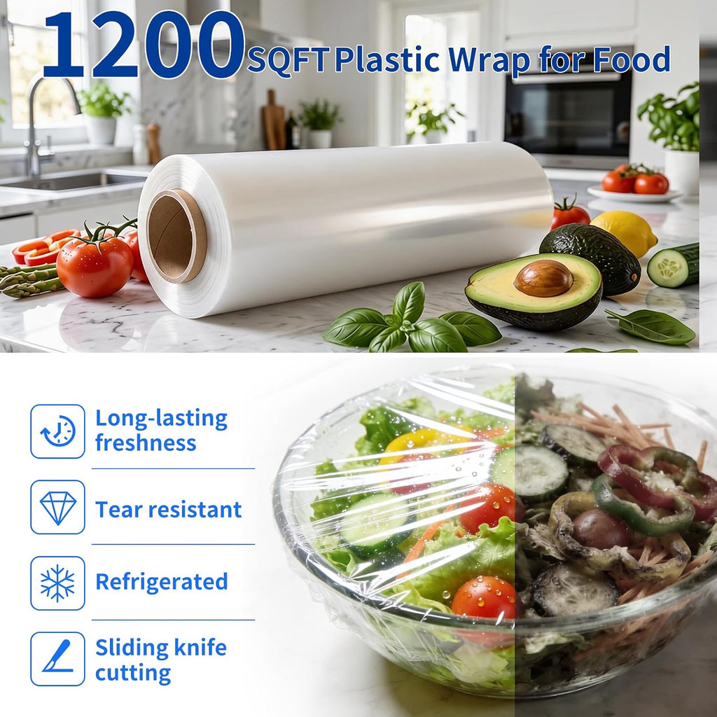 1200 Sq Ft Plastic Wrap with Slide Cutter, Cling Wrap for Kitchen