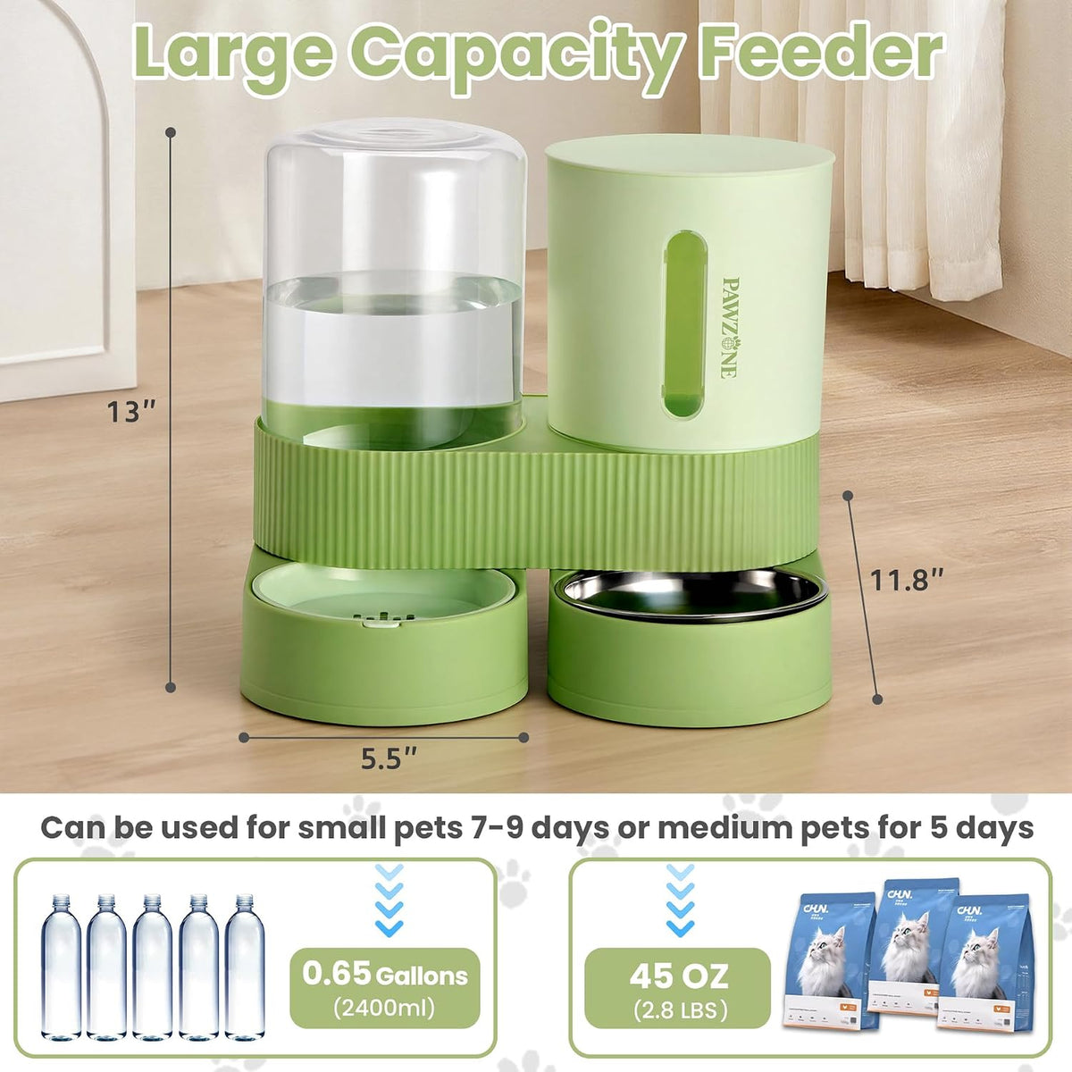 Automatic Cat Feeder Stainless Steel Water Dispenser Gravity Food Feeder and Waterer Set with Pet Food Bowl for Small