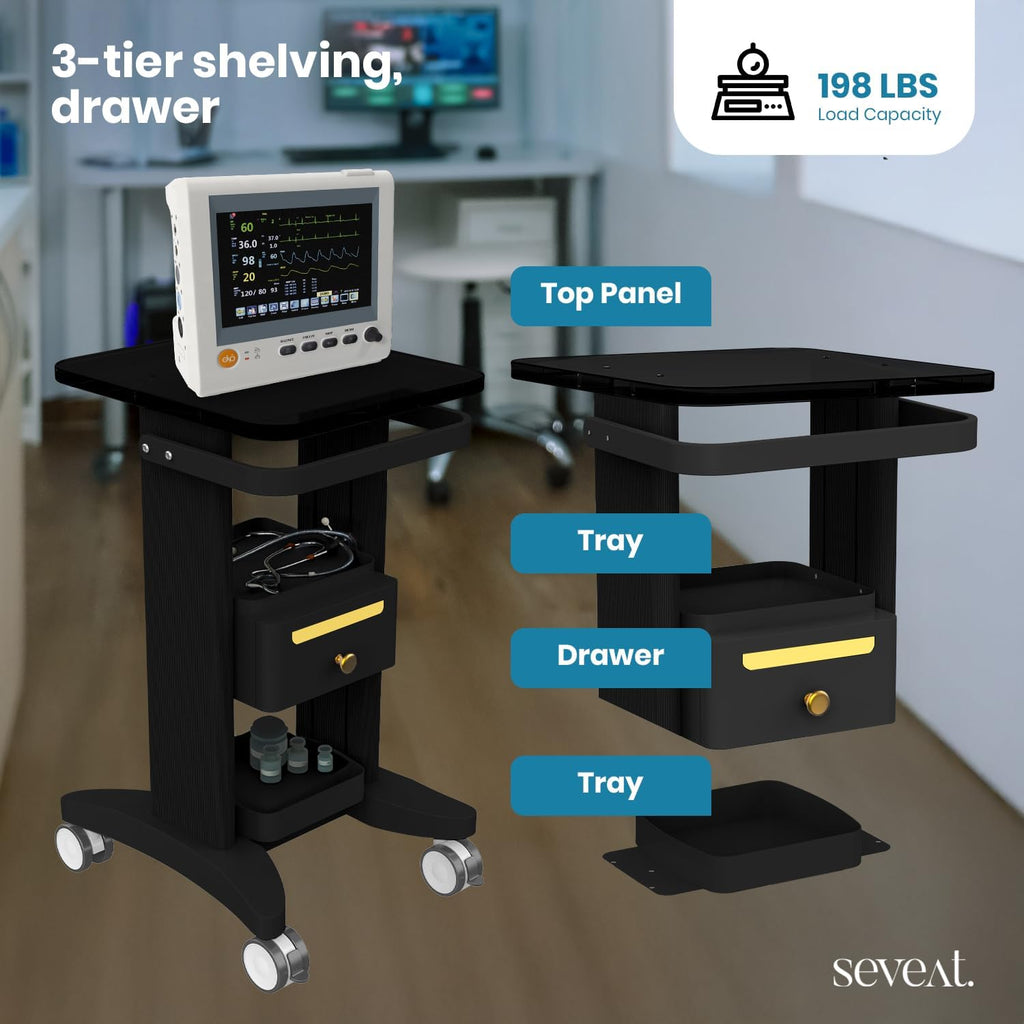 Professional Medical Cart | 3-Tier Rolling Trolley with Drawers | 198 lbs Capacity | Portable Utility Cart for