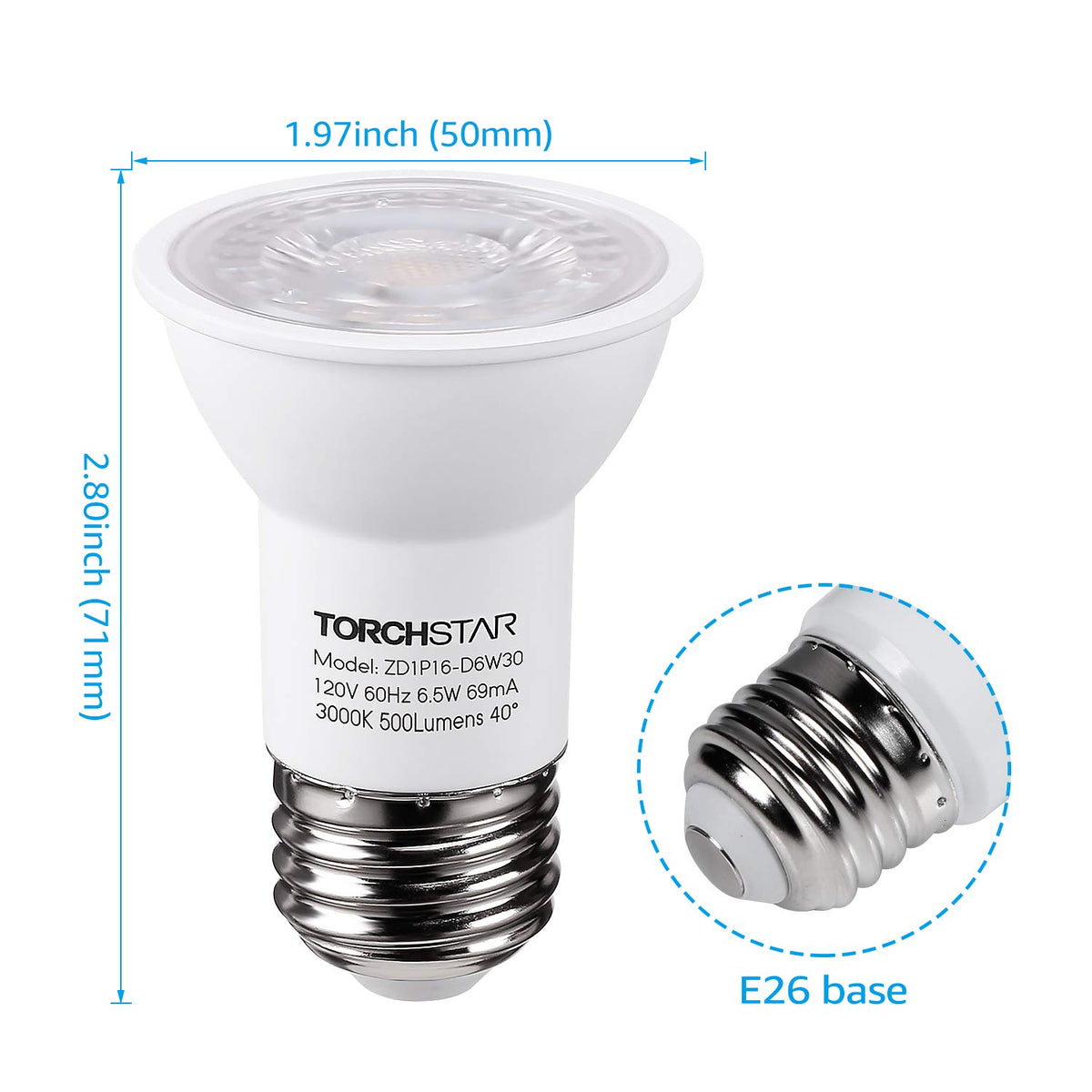 6-Pack PAR16 LED Bulb, UL Listed, Dimmable, 3000K