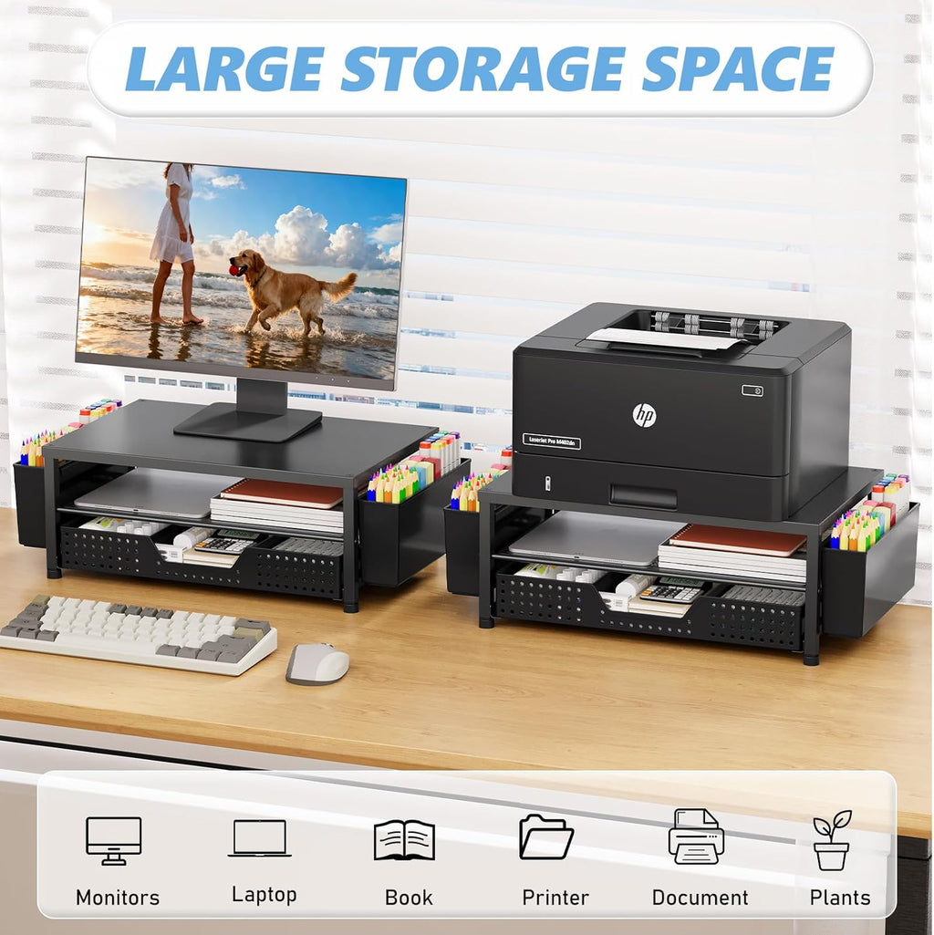 Desk Organizers and Accessories, Computer Monitor Stand Riser with Drawer and 2 Pen Holders, Printer & Laptop Stand