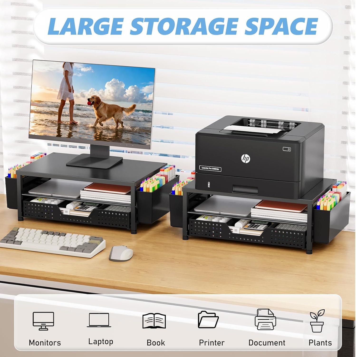 Desk Organizers and Accessories, Computer Monitor Stand Riser with Drawer and 2 Pen Holders, Printer & Laptop Stand