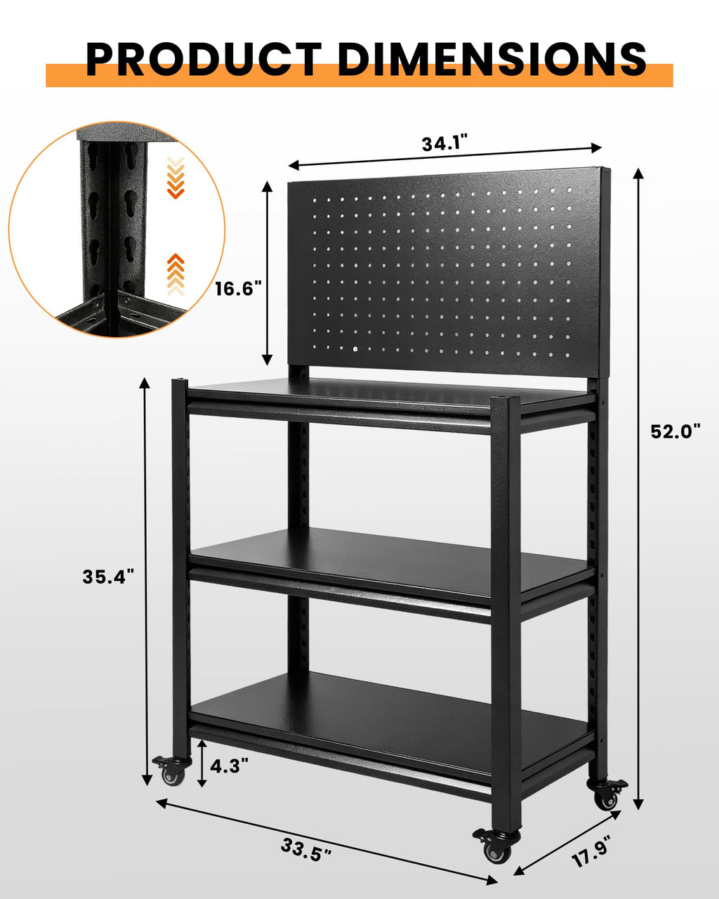 52" Mobile Garage Work Bench Table, Lockable Wheels, Pegboard