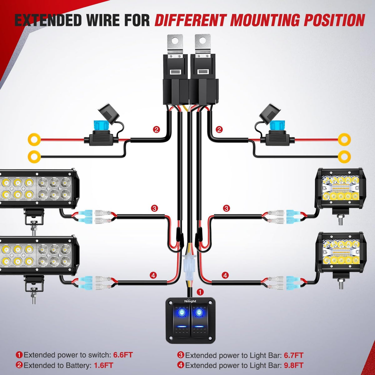 Nilight 12V On/Off Rocker Switch Panel LED Light Bar Wiring Harness Kit