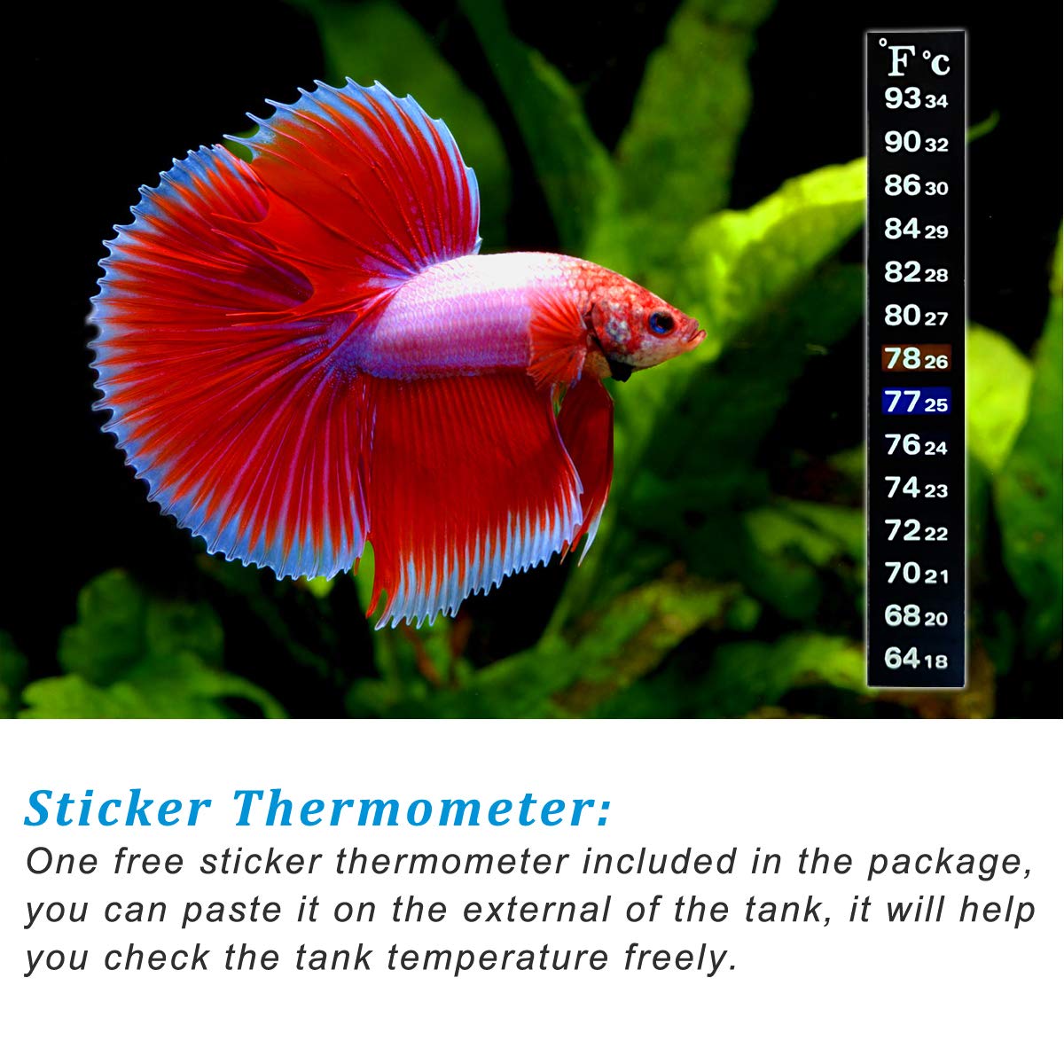 25Watt Mini Aquarium Heater, Submersible Betta Heater | Small Fish Tank Heater with Free Thermometer Strip for 1-6