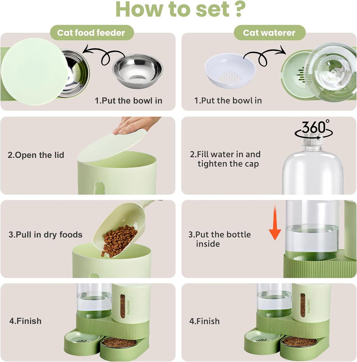 Automatic Cat Feeder Stainless Steel Water Dispenser Gravity Food Feeder and Waterer Set with Pet Food Bowl for Small