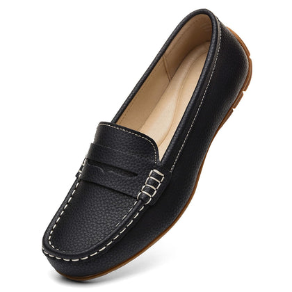 Women's Comfortable & Lightweight Black Leather Penny Loafers Slip-Ons Cute Business Casual Dress Shoes Work Office