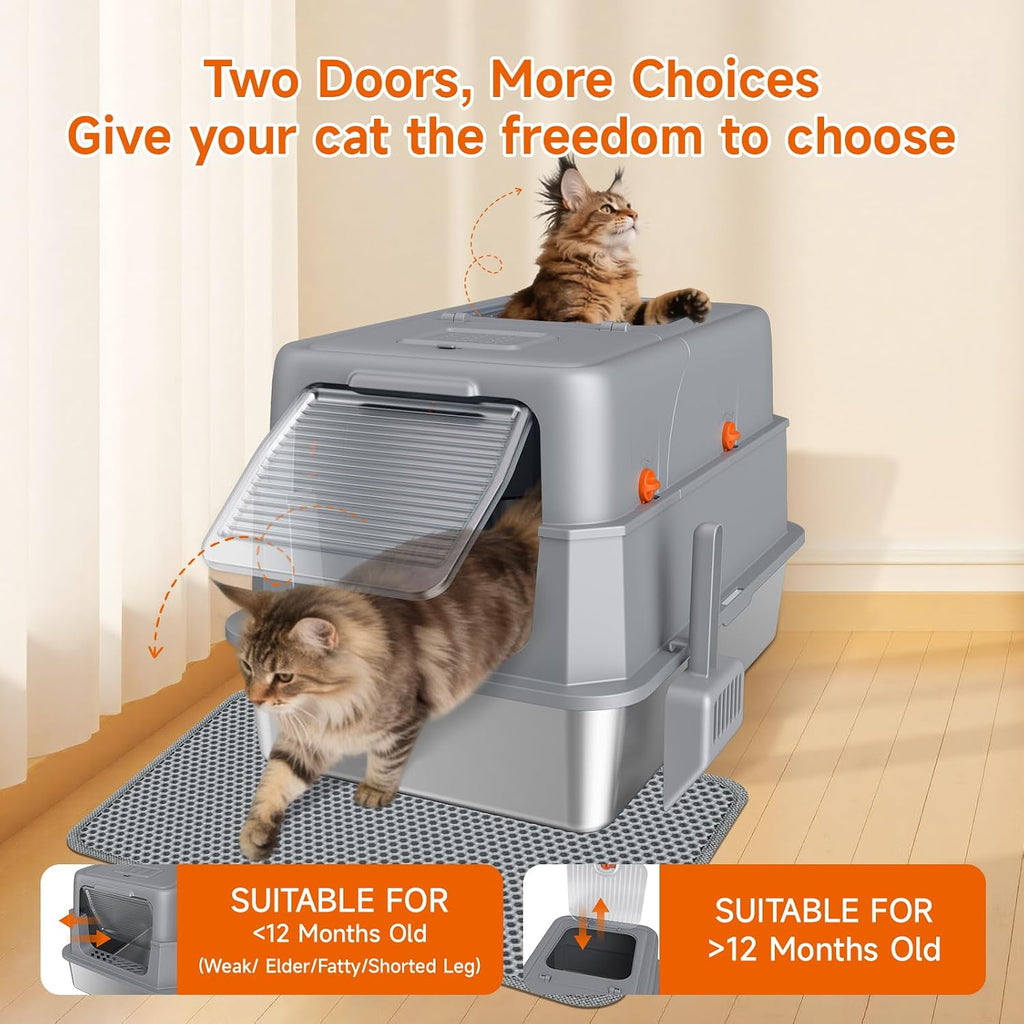 Stainless Steel Litter Box with Lid, High Sided Enclosed Metal Litter Box for Big Cats, Easy Cleaning Anti-Urine