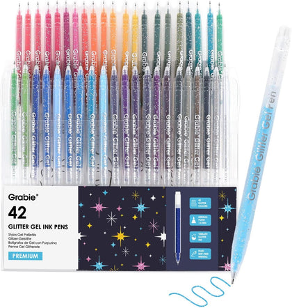 Set of 42 Glitter Gel Pens Set, Silver Sparkle Ink, 1.0mm Fine Tip Gel Pens for Adult Coloring Books, Journaling