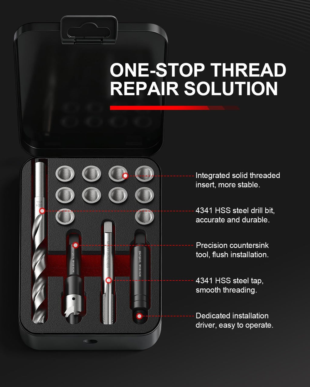 Kolvoii 3/8-16 SAE Thread Repair Kit, 10 Solid 304 Stainless Steel Inserts