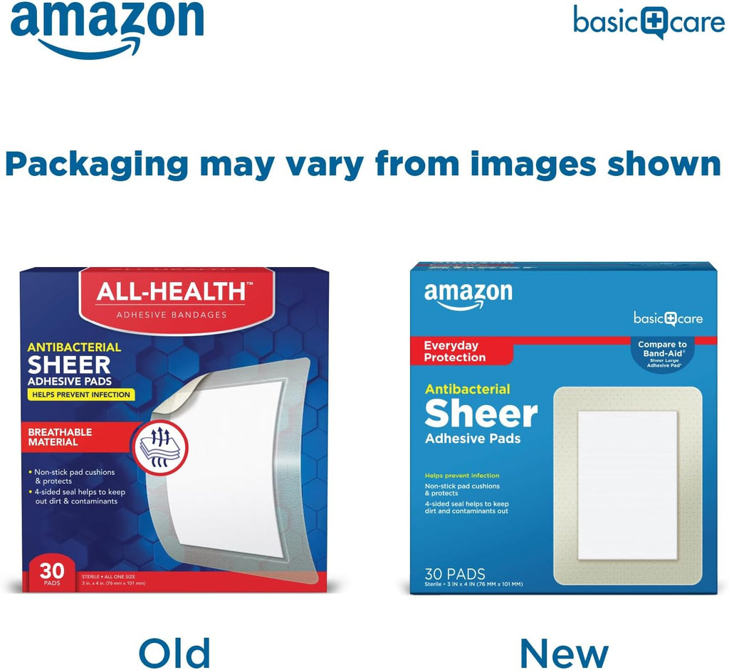 Sheer Adhesive Pad Bandages for Minor Cuts, Scrapes and Wounds, Extra Large 3 x 4 in, Non-Stick Pad, 30 Count
