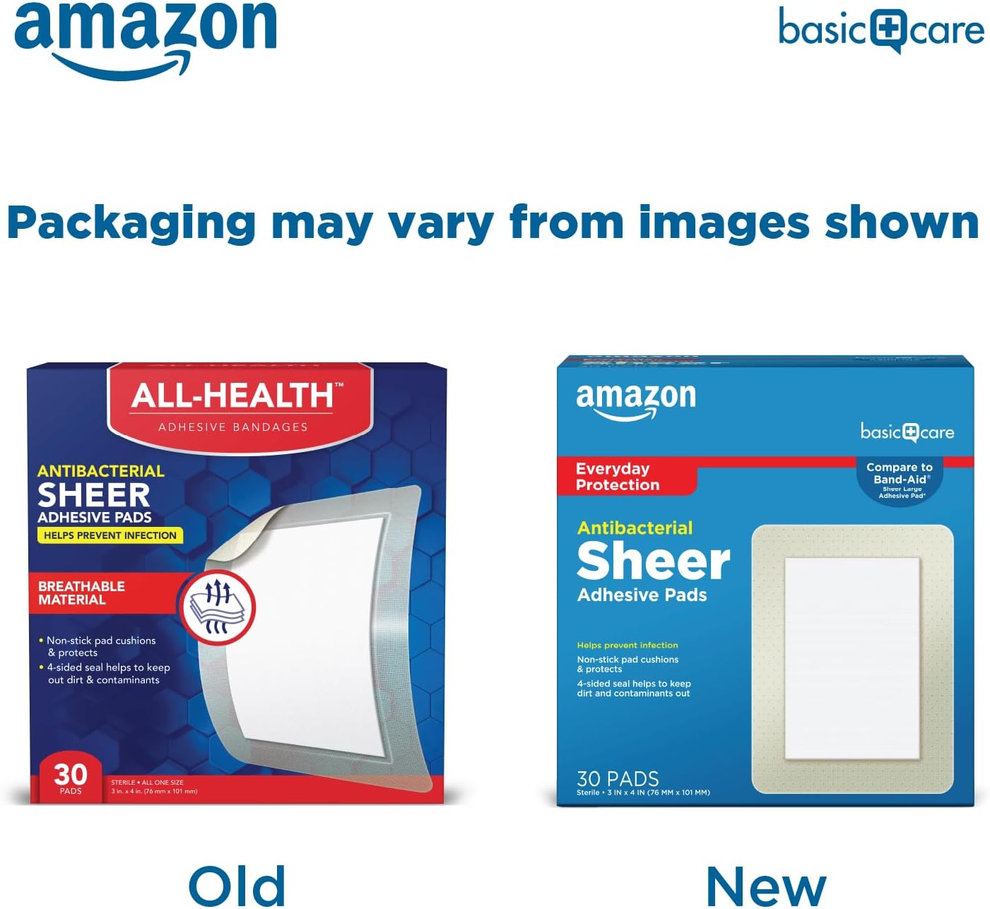 Sheer Adhesive Pad Bandages for Minor Cuts, Scrapes and Wounds, Extra Large 3 x 4 in, Non-Stick Pad, 30 Count