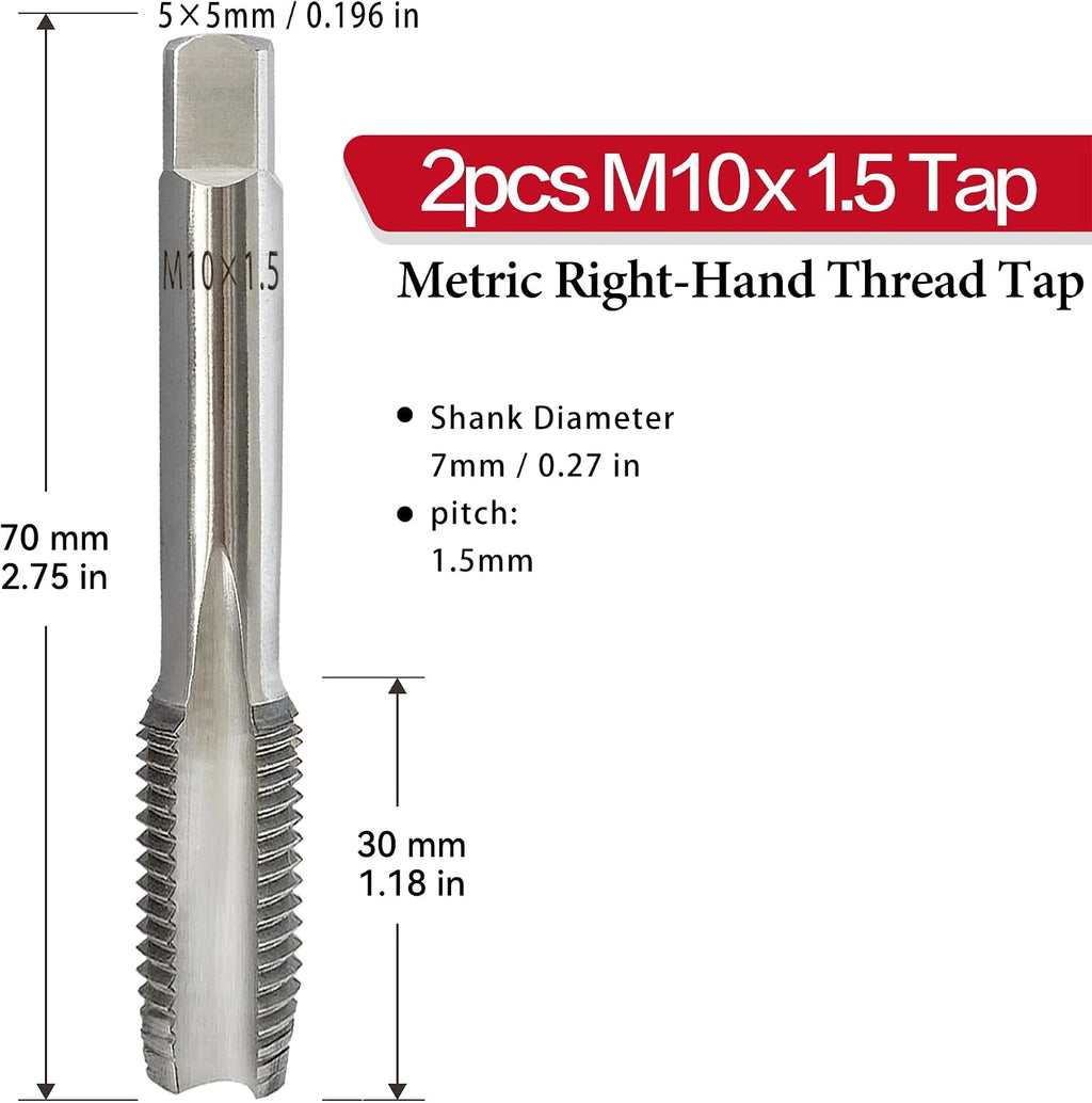 2Pcs M10 x 1.5 Metric Right-Hand Tap Set, M2 HSS Thread Tapping Tool