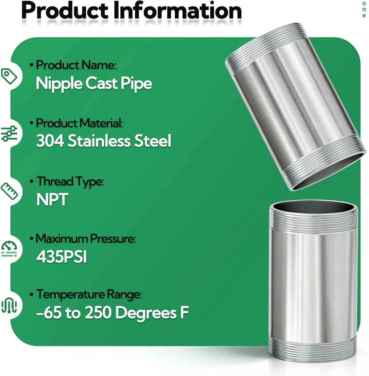 TAISHER 2Pcs 304 SS Nipple Cast Pipe Fitting, 2" NPT Male, 4" Length
