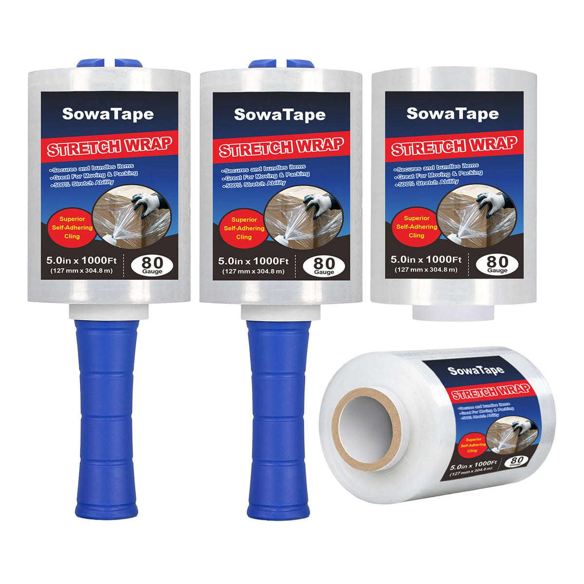 4 Pack Clear Stretch Wrap Film with 2 Plastic Handle 5''x1000Ft