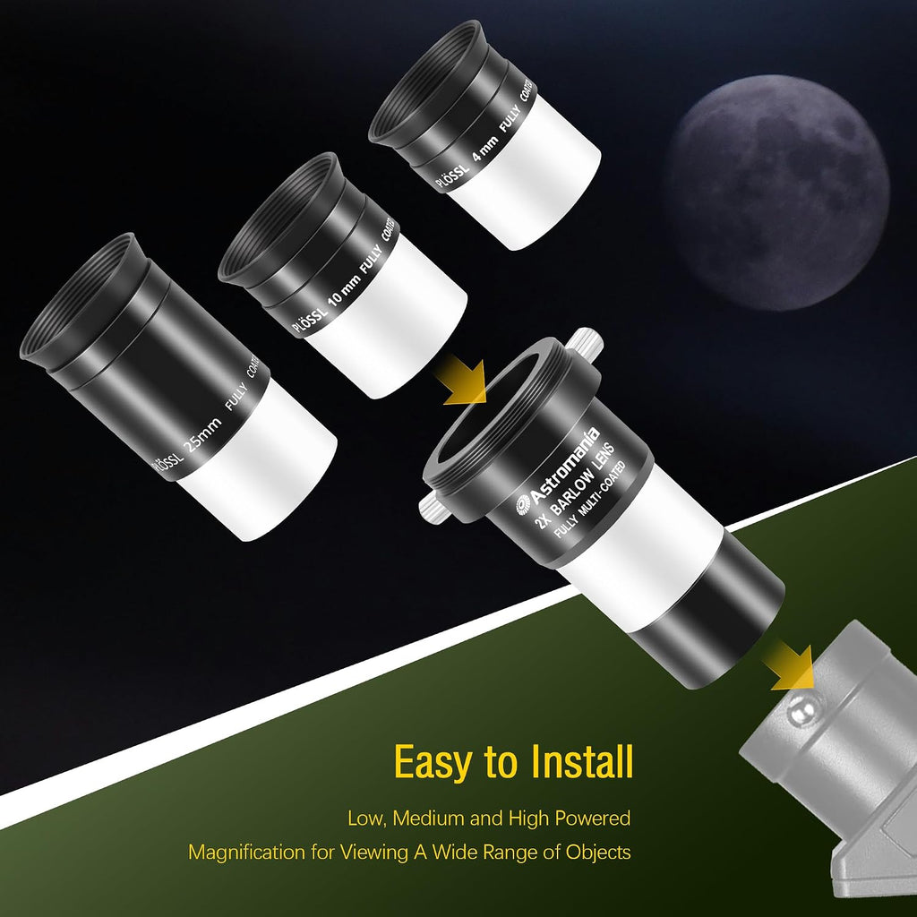Eyepiece Set with 4 10 25mm Plossl Eyepieces & Barlow Lens 2X | Telescope Accessory Kit, 50 Degree Plossl Eyepiece