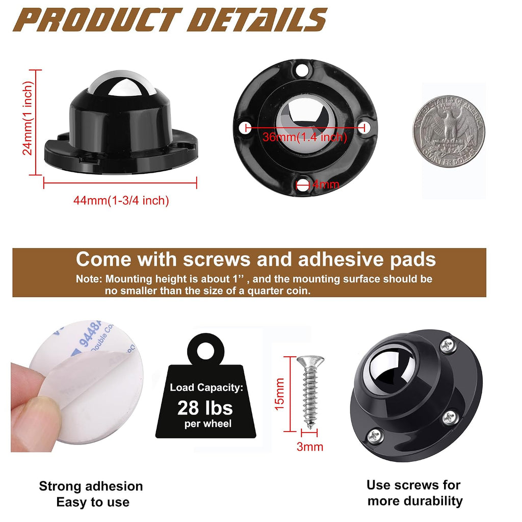 PlusRoc 4 Pack 1 Inch Self Adhesive Caster Wheels for Furniture