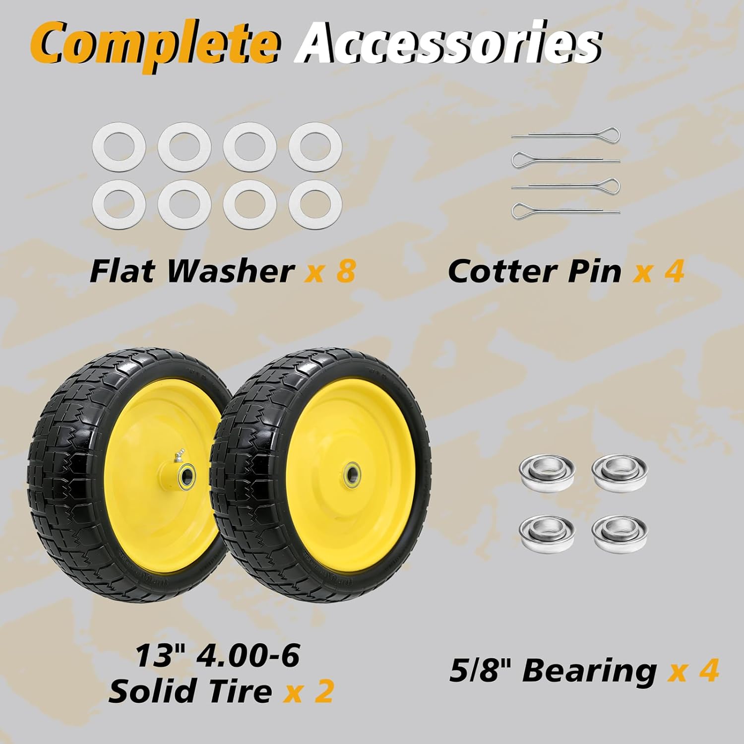 13 Inch 4.00-6 Flat Free Tire and Wheel Replacement for Gorilla Cart with 5/8" & extra 3/4" Bearings, 4.00-6
