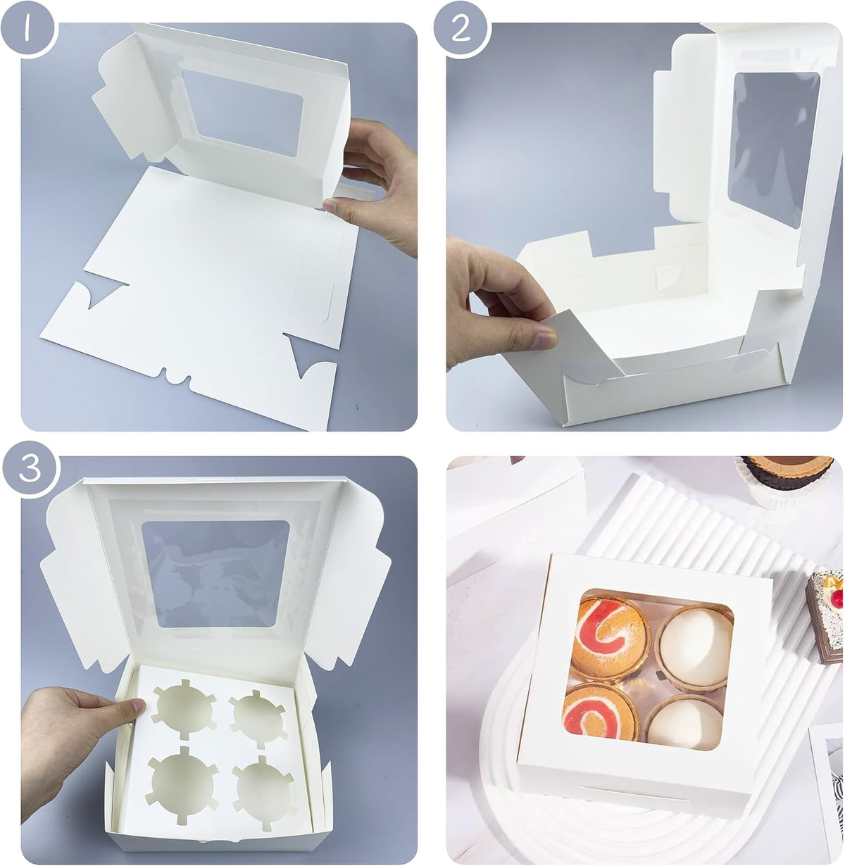 14 PCS White Paper Cupcake Boxes with 4 Cavity Cookie Gift Boxes with Clear Window 4 Treat Holder Cupcake Containers