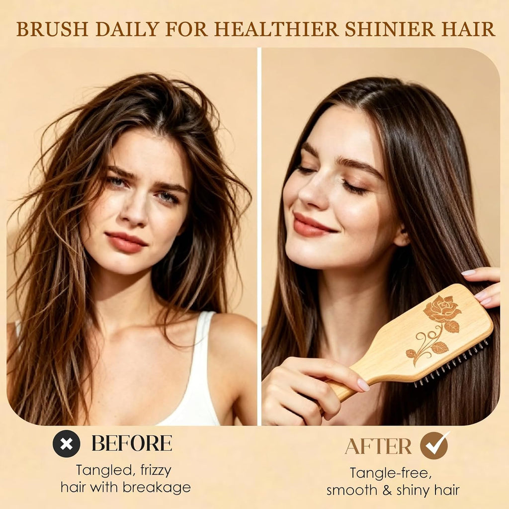 Boar Bristle Hair Brush, Professional Detangling Brush for Women Men Kids, Anti-Static Paddle Hairbrush, Suitable for