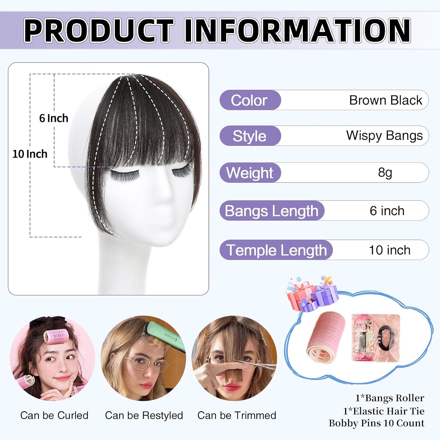 Clip in Bangs Real Human Hair Wispy Bangs Hair Clip, Brown Black | Soft Layered Fake Bangs, Fringe with Temples