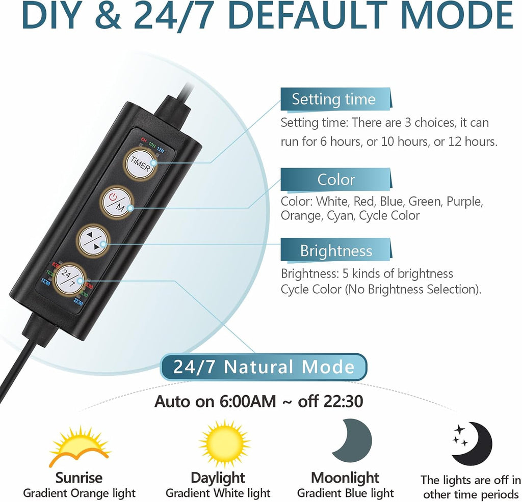 Clip On 24/7 Lighting Aquarium LED Light,Sunrise-Daylight-Moonlight and DIY Mode, Adjustable Timer/Brightness Fish