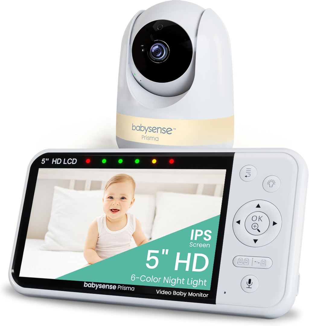 Prisma Baby Monitor with Camera and Audio, No WiFi 5” HD Video Baby Monitor, 6-Color Night Light, Split Screen