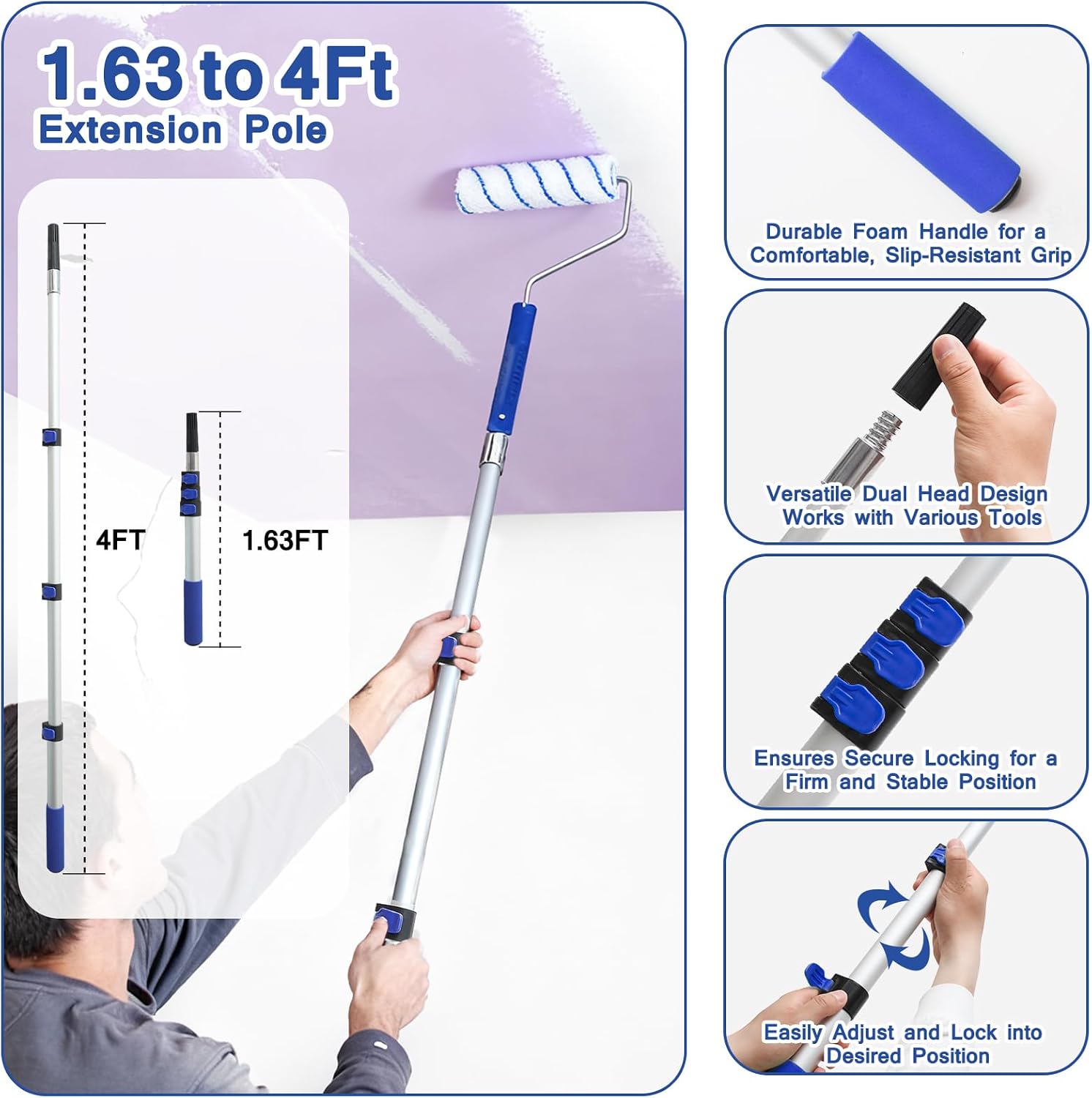 Paint Roller Kit with Extension Pole, 34 Piece Set, 4" and 9" Paint Rollers, 1.63 Ft to 4 Ft Pole, Painting Brushes