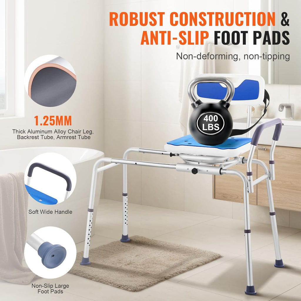 Sliding Tub Transfer Bench with 360 Degree Swivel Seat, Height Adjustable Bathtub Transfer Bench with Armrest &