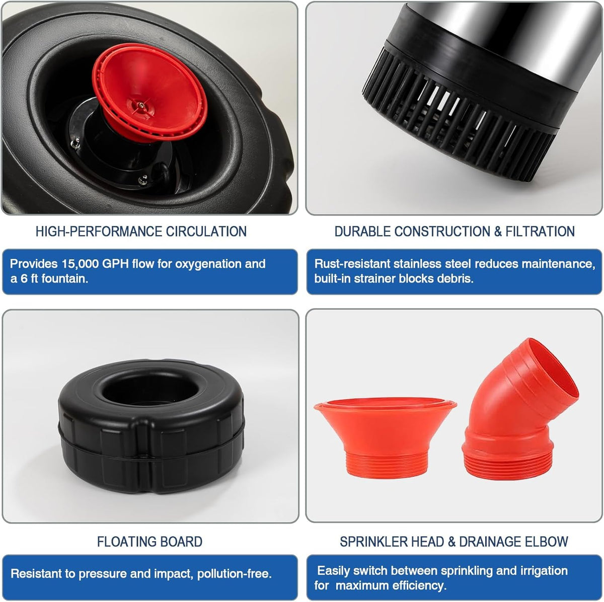 Pond Fountain Aerator, 1HP 110V 15000GPH Floating Fountain Pump for Ponds