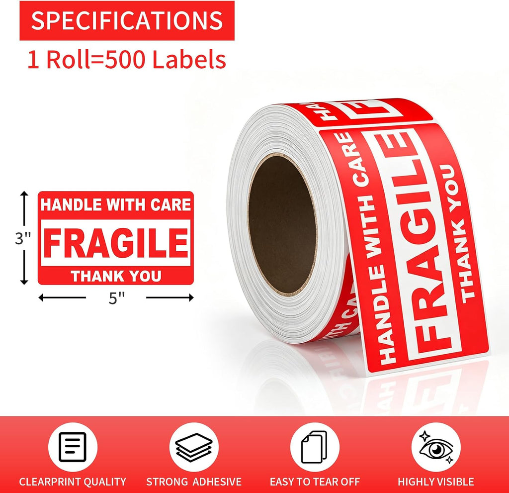 Fragile Stickers 3" x 5", Handle with Care Labels, Permanent Adhesive Small Shipping Stickers for Mailing, Packing