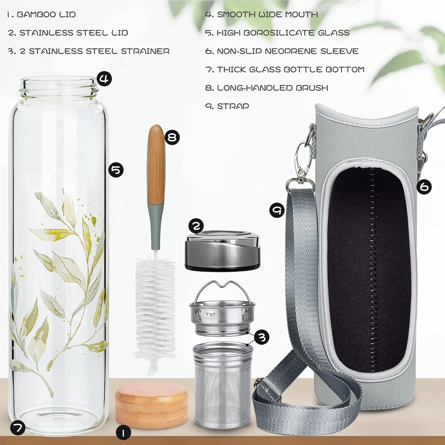 32oz Borosilicate Glass Water Bottle with Tea Infuser, Tea Tumbler with Strainer, Reusable Travel Mug with Sleeve & 2