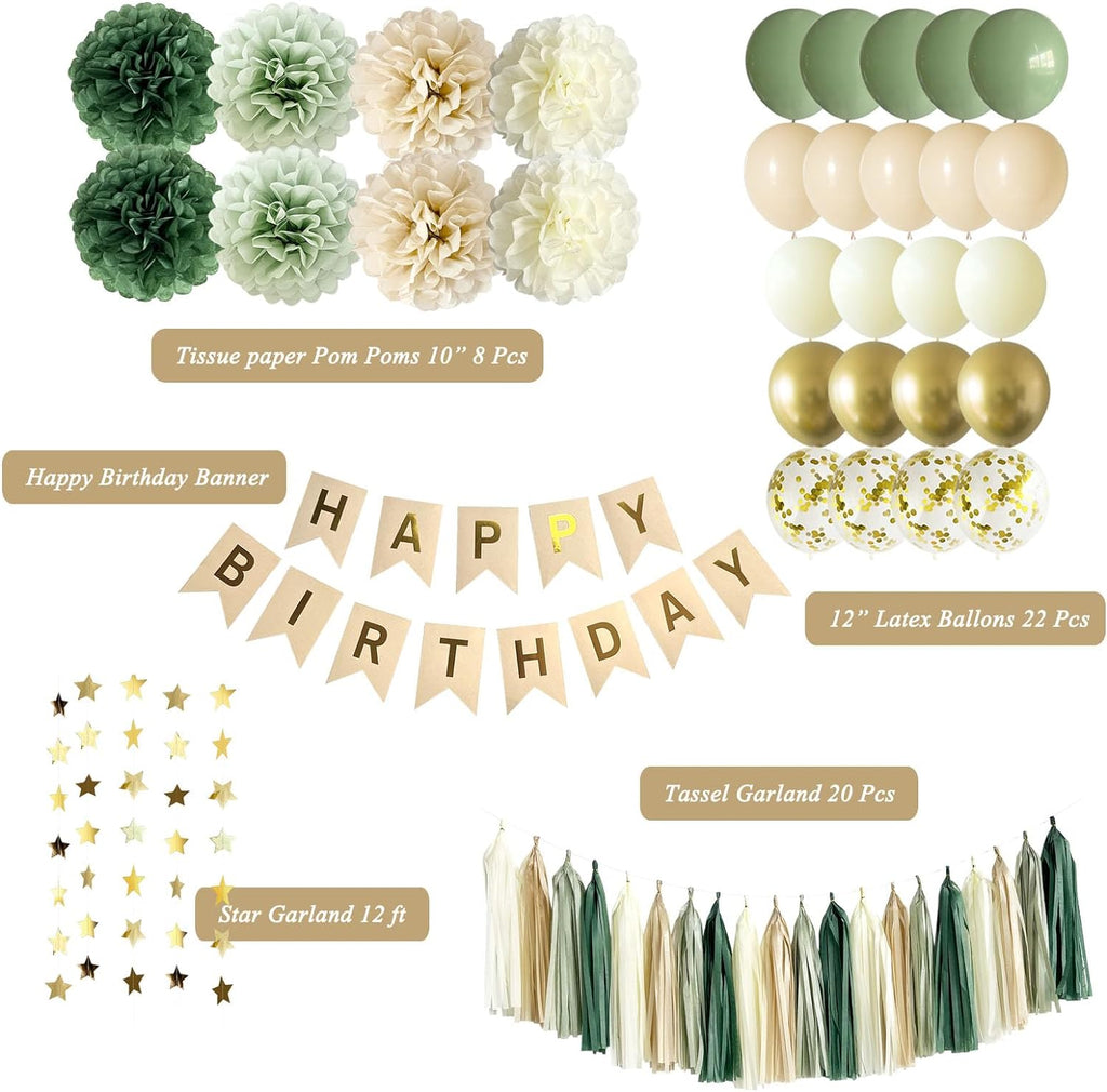 Sage Green Happy Birthday Party Decorations Retro Green Nude Ivory Dark Olive Kraft Paper Banner Balloons Neutral