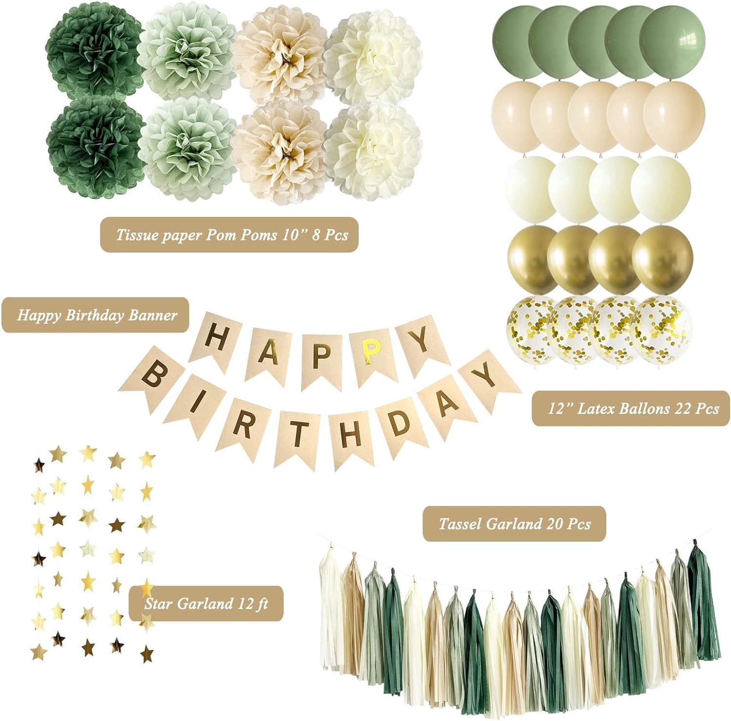Sage Green Happy Birthday Party Decorations Retro Green Nude Ivory Dark Olive Kraft Paper Banner Balloons Neutral