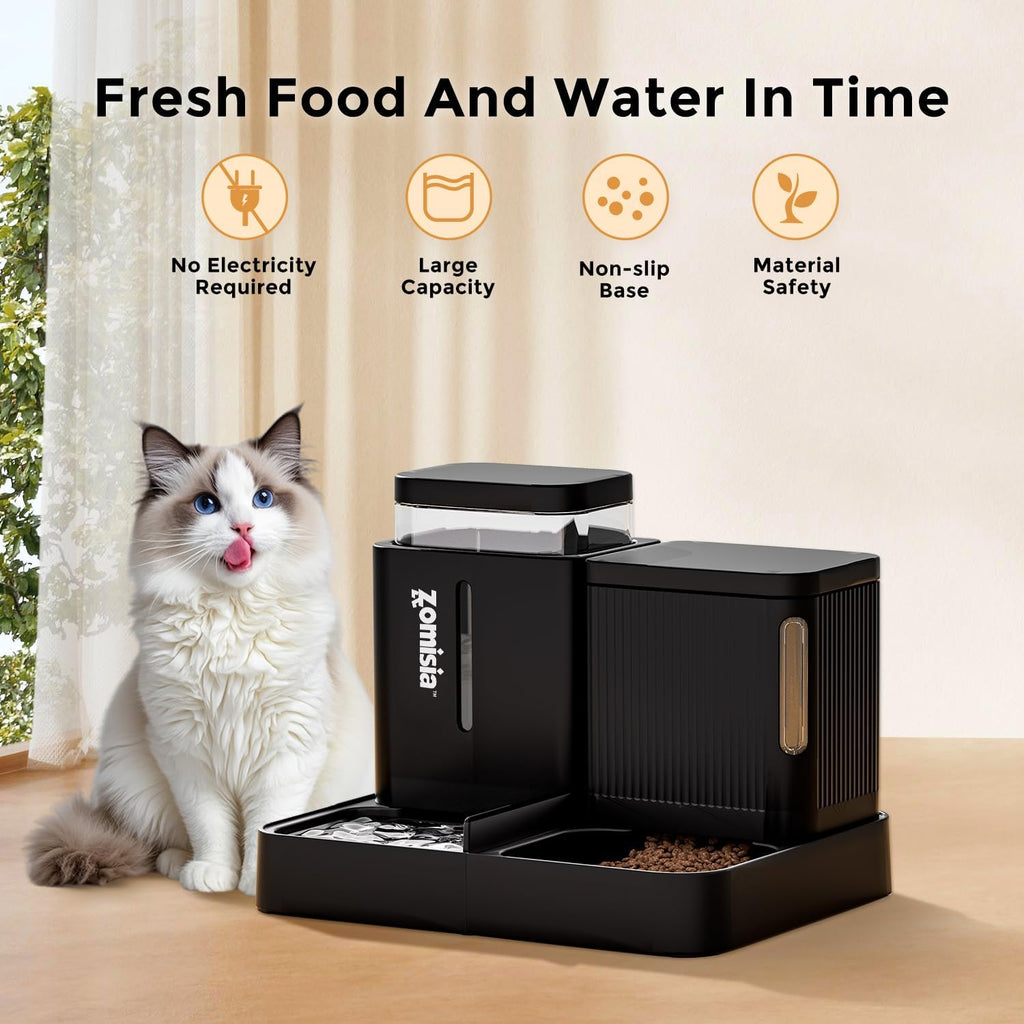 Automatic Cat Feeder and Water Dispenser Set, 2 in 1 Gravity Cat Food Dispenser with 180 Degree Rotatable, Pet Self