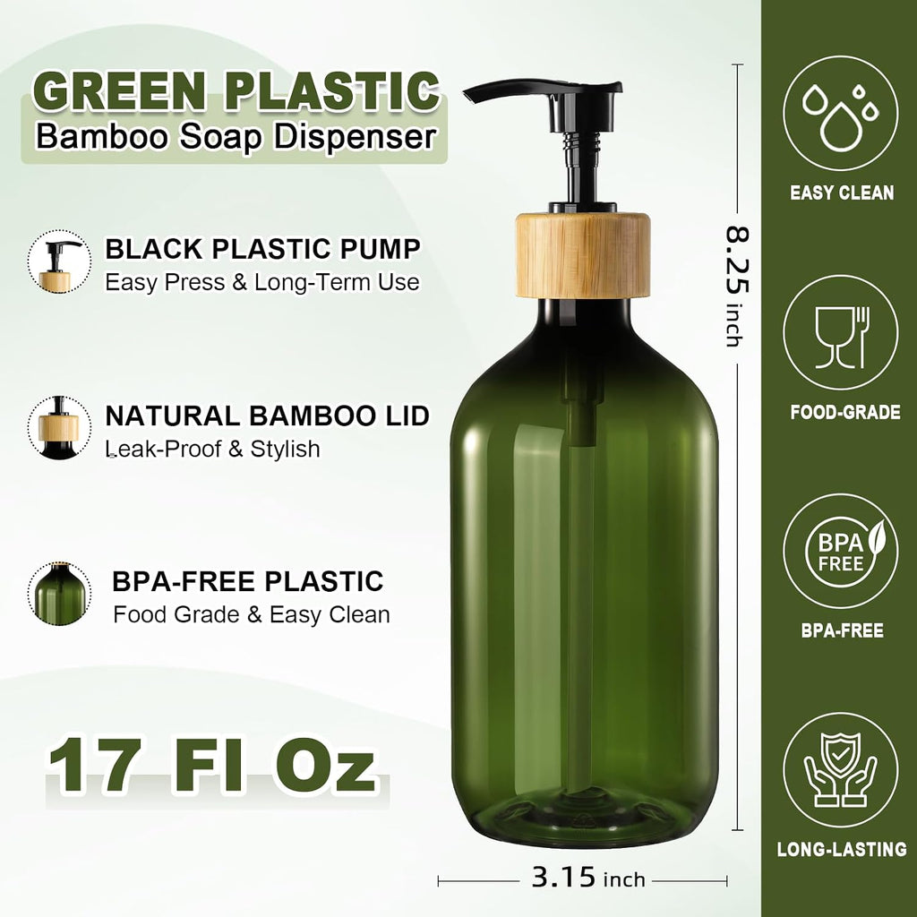Green Soap Dispenser, Plastic Bathroom Soap and Lotion Dispenser Set with Bamboo Pump, 2 Pack 17 Fl Oz Hand and Dish