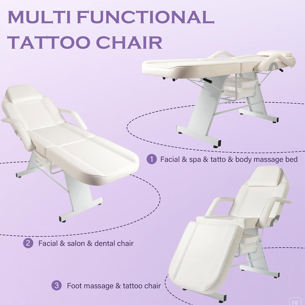 Esthetician Bed Tattoo Chair for Artists w/ 2Tray&Rolling Stool