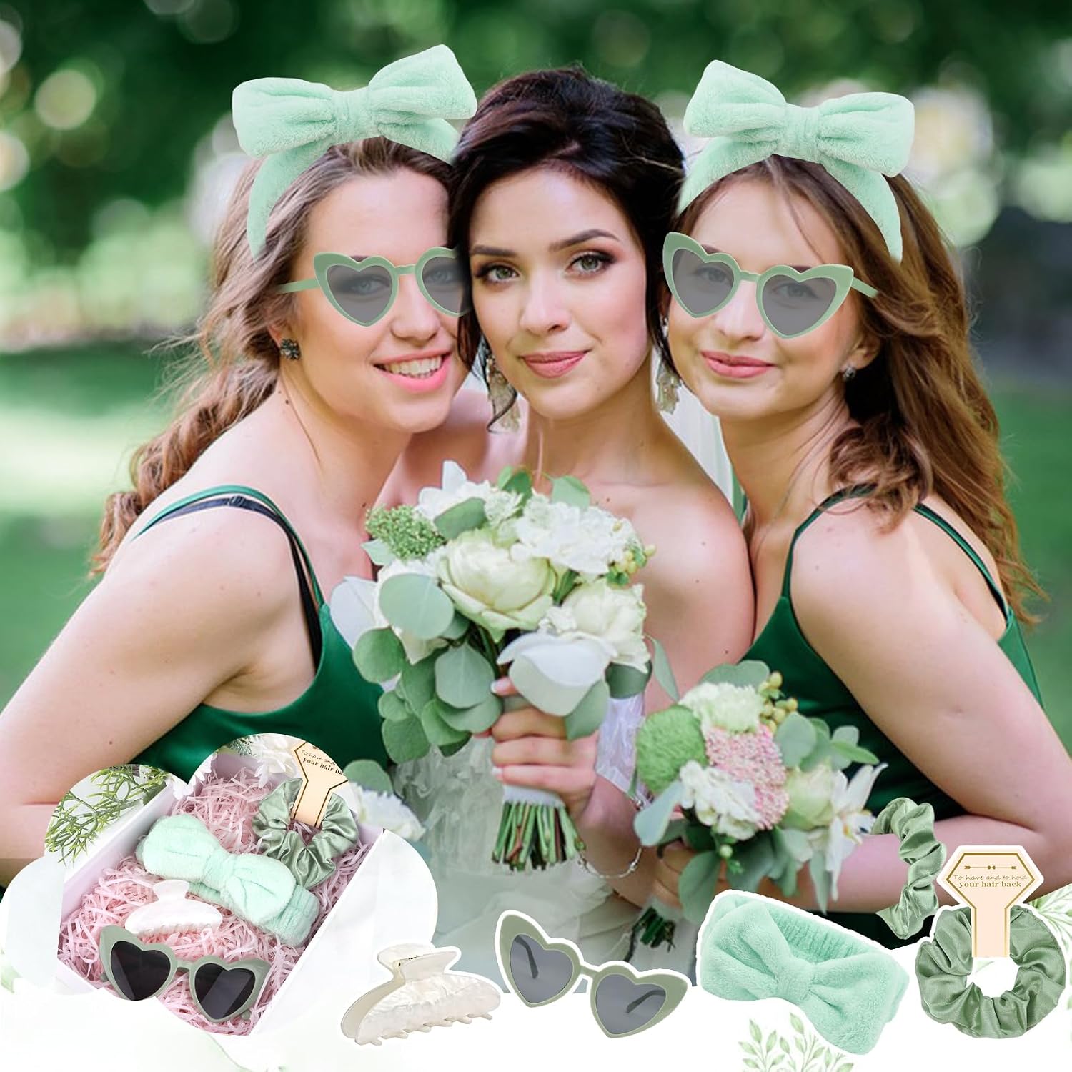 4PCS Bridesmaid Proposal Gifts Satin Hair Scrunchies Heart Sunglasses Spa Headband Acrylic Claw Clips Bachelorette